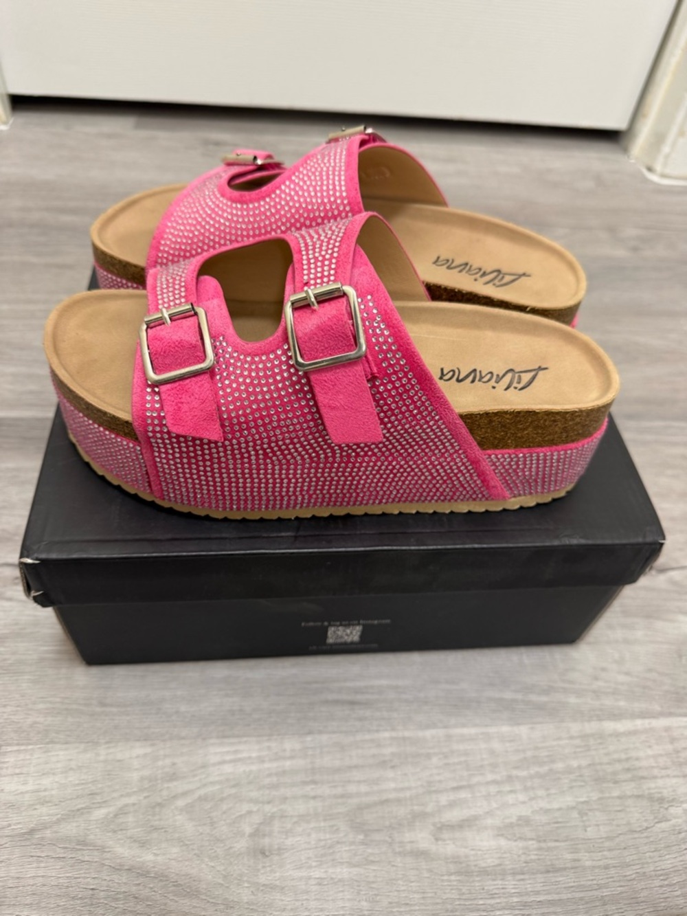 Unisa Hot Pink Rhinestone Buckle Platform Mules